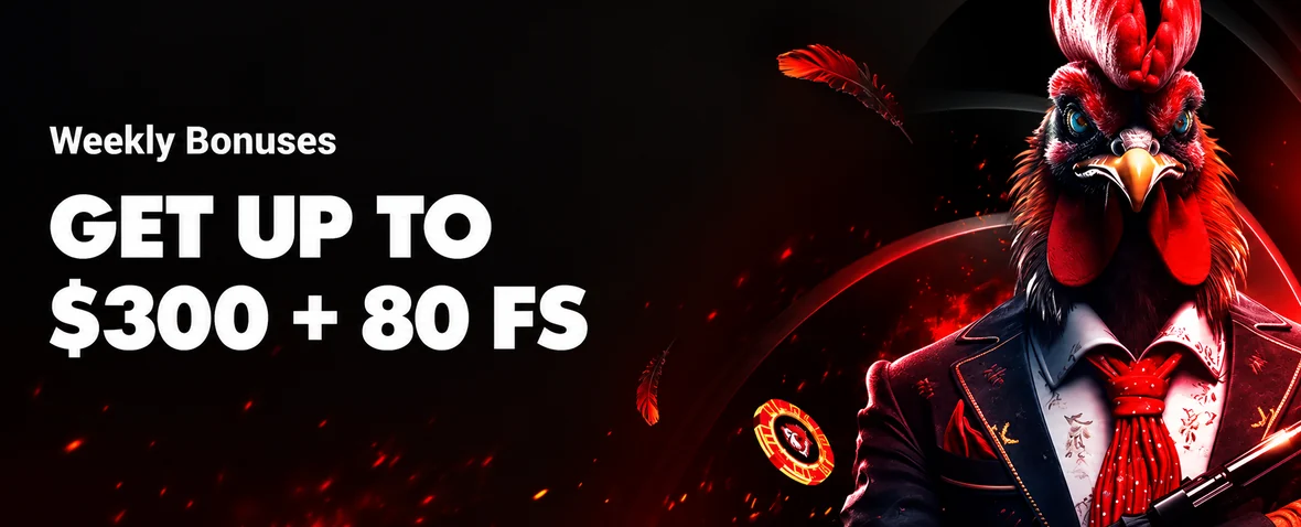 Rooster Bet weekly bonuses offering up to $300 and 80 free spins